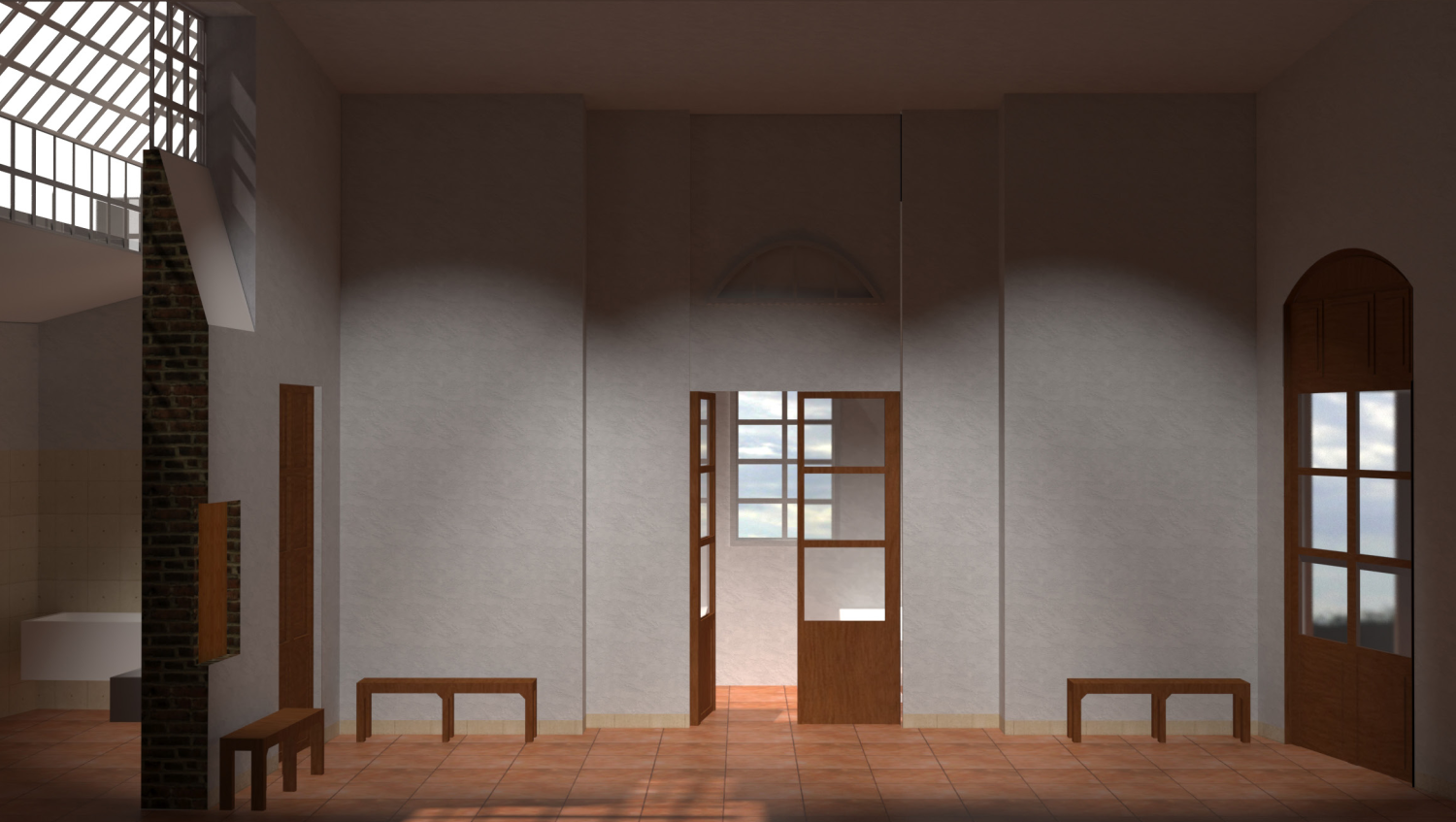 Stage design renderings and spatial studies for 'El nos Milan', showing reconstructed historical set sketches and contemporary interpretations.