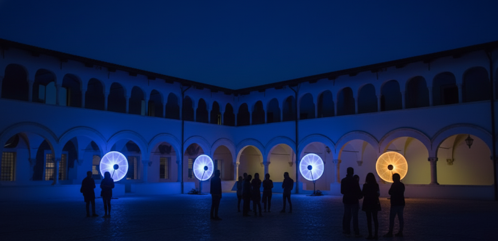 Chiostro S. Domenico in L’Aquila showing spatialized multi-channel sound diffusion for the Mura installation.