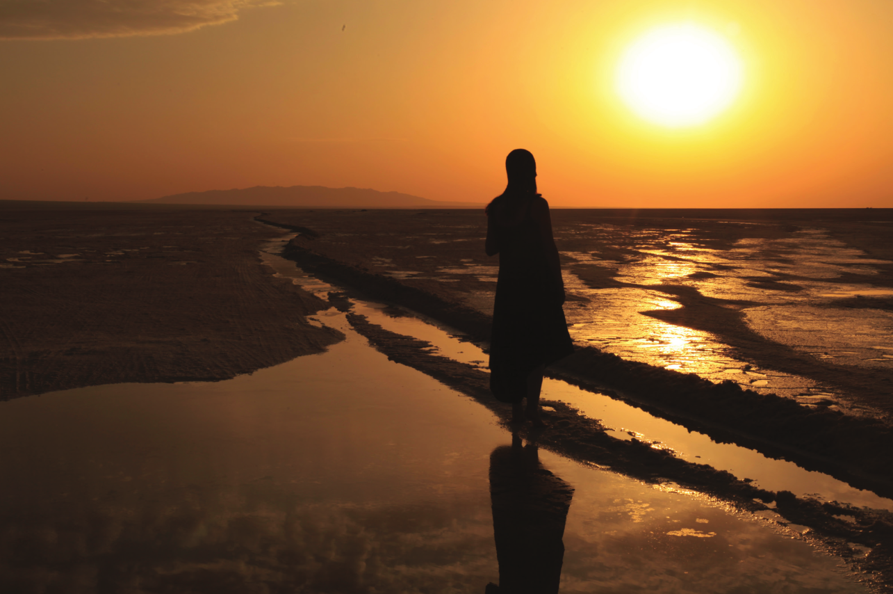 Still from 'Paradoxical' showing desert-like landscape with black and white contrasts, representing public and private identity.