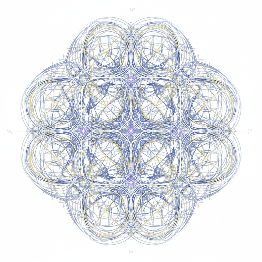 Visualization of a segment of the Network of Simples, showing interconnected minimal geometric entities and their interactions.