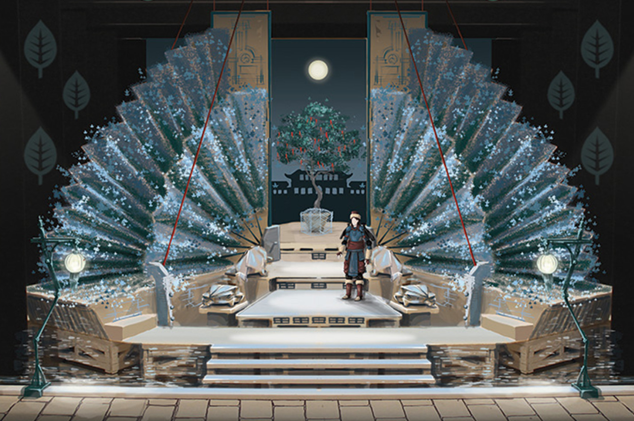 Stage design sketches and 3D models for 'Turandot', showing spatial composition and scenographic layout.